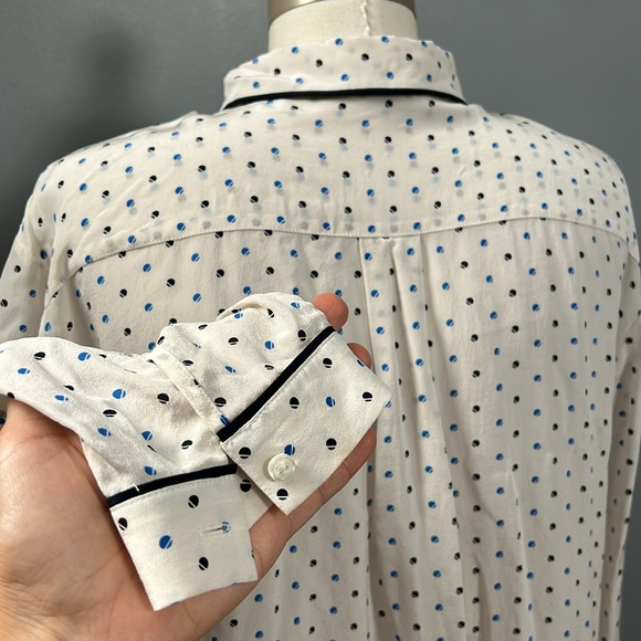 Ann Taylor Polka Dot Cream Navy Long Sleeve Collared Silk Shirt size XL - Picture 11 of 15